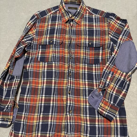 J.L. Powell Men's Medium Plaid Button-up Long Slv Elbow Patch Linen Portugal - Picture 5 of 9